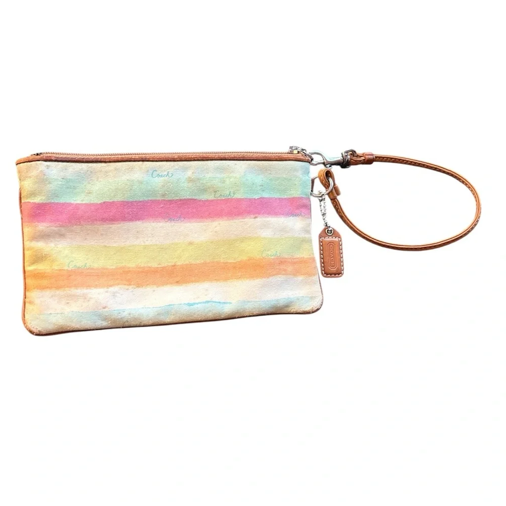 Coach Pastel Rainbow Stripe Wristlet - Pink, Yellow, Orange, Blue, Green